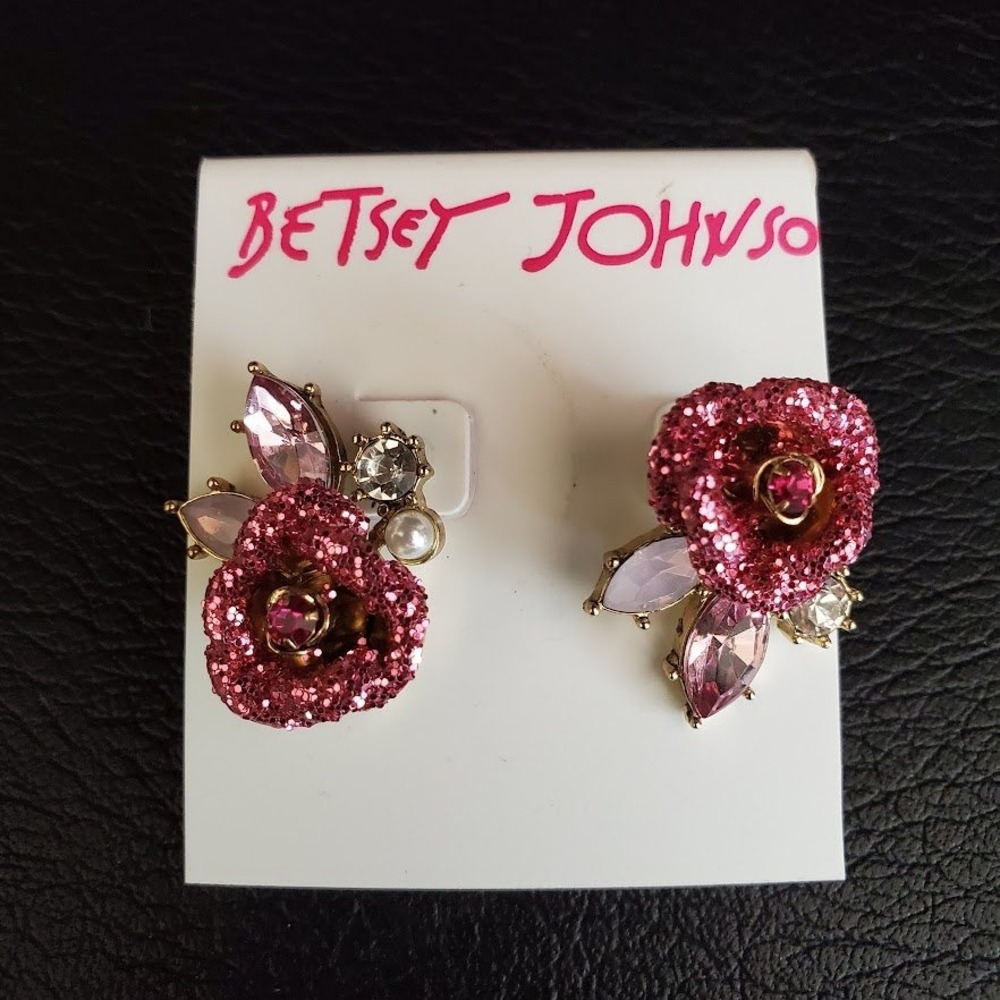 Betsey Johnson Pink Glitter Rose Flower Stud Earrings Gold Tone NWT